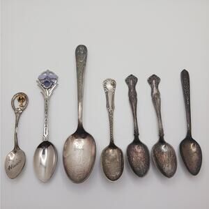 7 antique souvenir & tea spoons: 1904 St Louis Expo Electricity Palace, Hawaii +